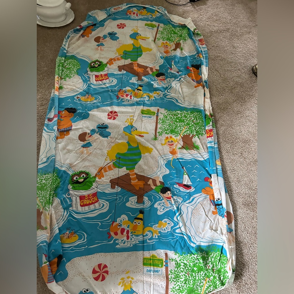 Vintage 1970’s Sesame Street Twin Fitted Sheet & Pillowcase! “Day Camp” Fun!